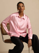 [Pink Stripe] SilkSilky-AU Long Sleeve Lapel Collar Women's Shirt 001