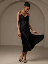 [Black] SilkSilky-AU Spaghetti Strap Cowl Neck Dress 005
