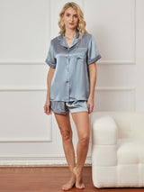 [Steel Blue] SilkSilky-AU Short Sleeve Lapel Collar Women's Pyjamas 003