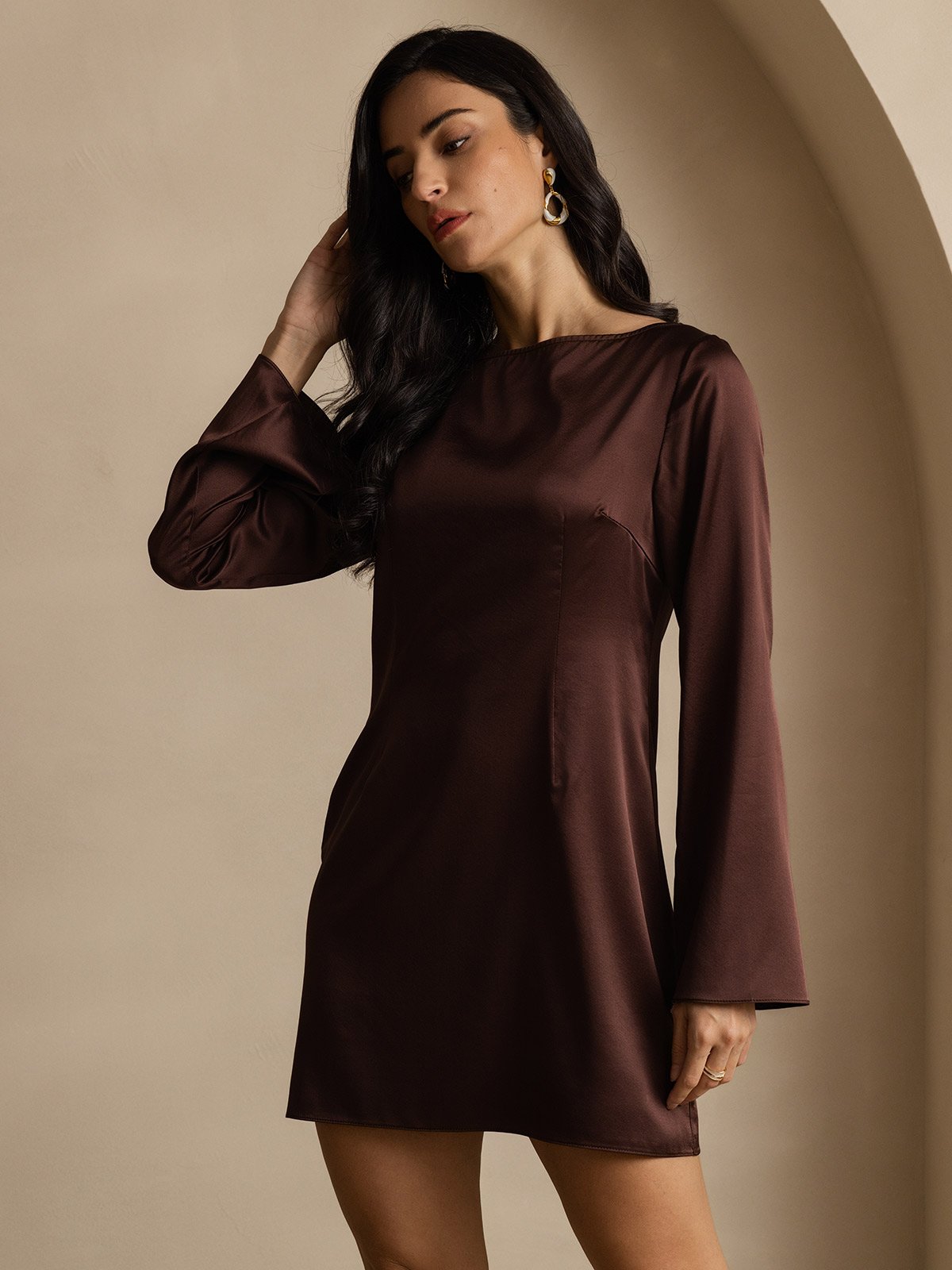 SilkSilky-AU 19Momme Silk Long Sleeve Boat Neck Dress Coffee 006