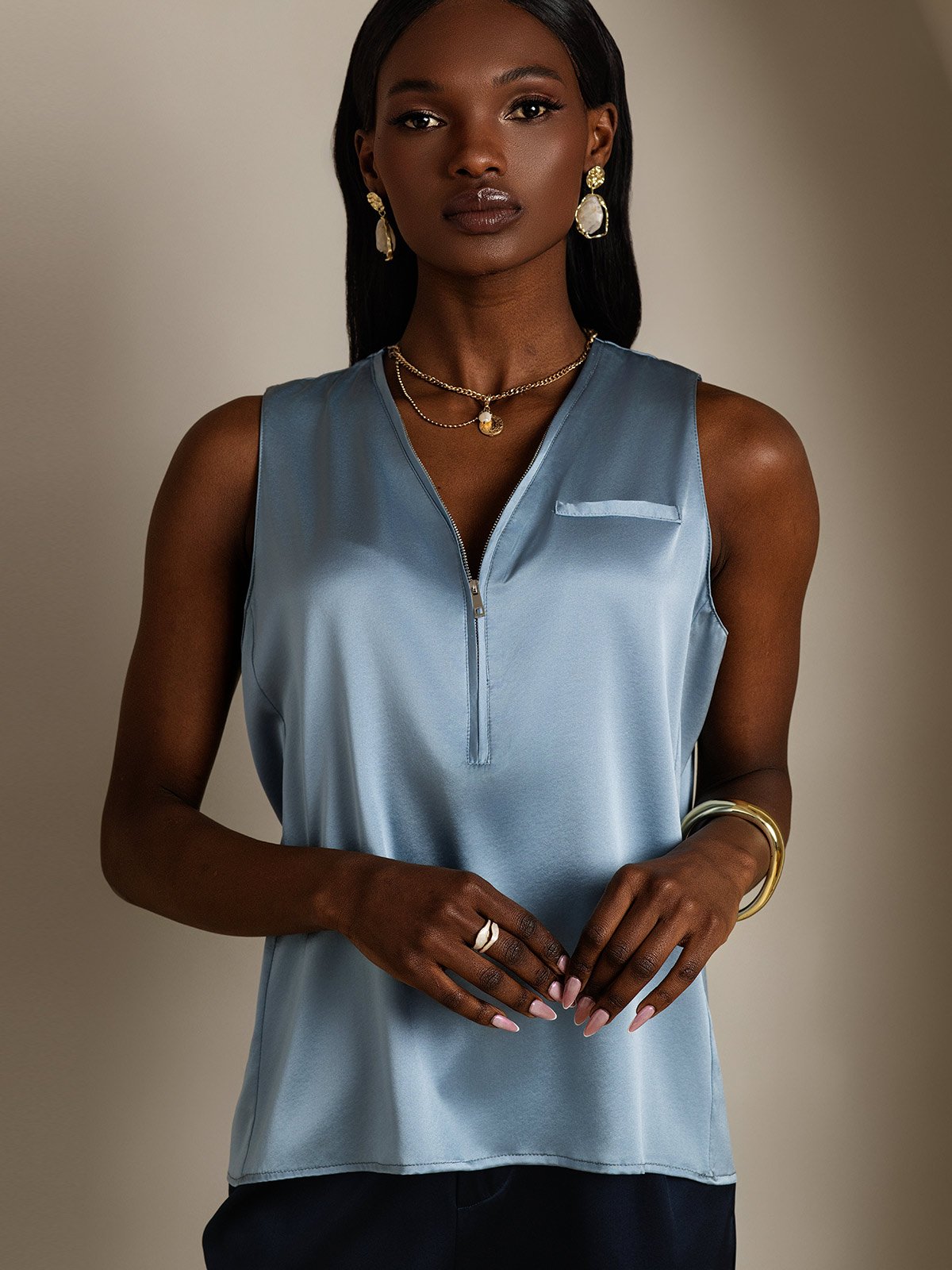 SilkSilky-AU 19Momme Silk Sleeveless V Neck Women's Shirt GrayishBlue 003
