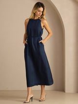 [Dark Blue] SilkSilky-AU Sleeveless Crew Neck Dress 003