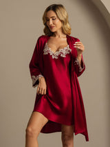 [Wine] SilkSilky-AU 3/4 Sleeve V Neck Nightgown&Dressing Gown Set 003