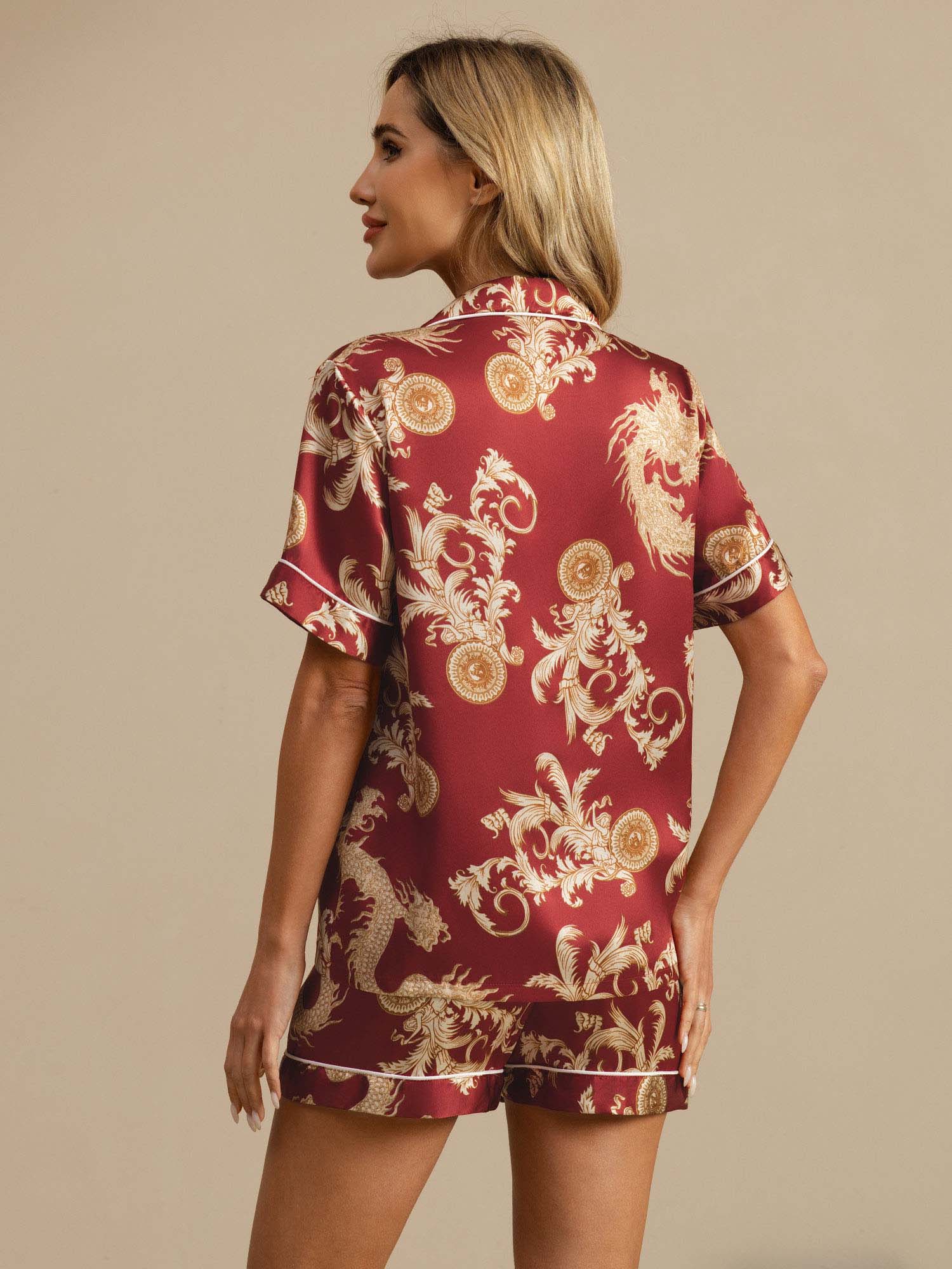 [Wine Dragon] SilkSilky-AU Short Sleeve Lapel Collar Women's Pyjamas 002