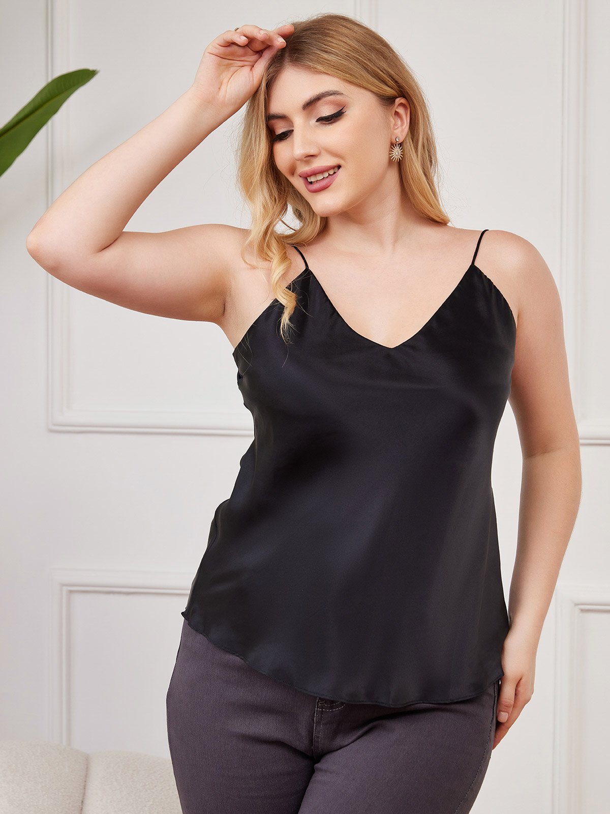 SilkSilky AU Pure Silk Deep V Neck Plus Size Camisole Top Black 003