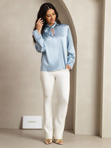 [Grayish Blue] SilkSilky-AU 19Momme Silk Keyhole Neck Women's Shirt 013
