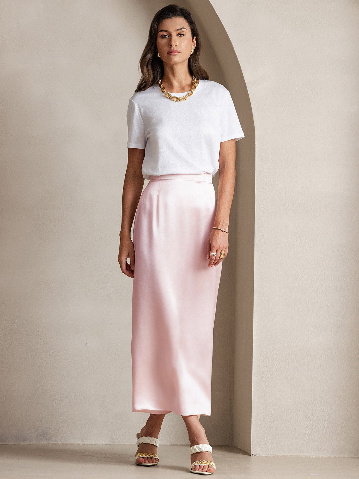 [Pink] SilkSilky-AU 19Momme Stretch Silk Charmeuse Skirt 005