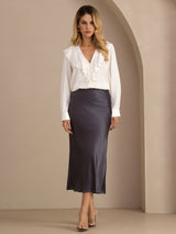 [White] SilkSilky-AU Long Sleeve Deep V Neck Women's Blouse 006