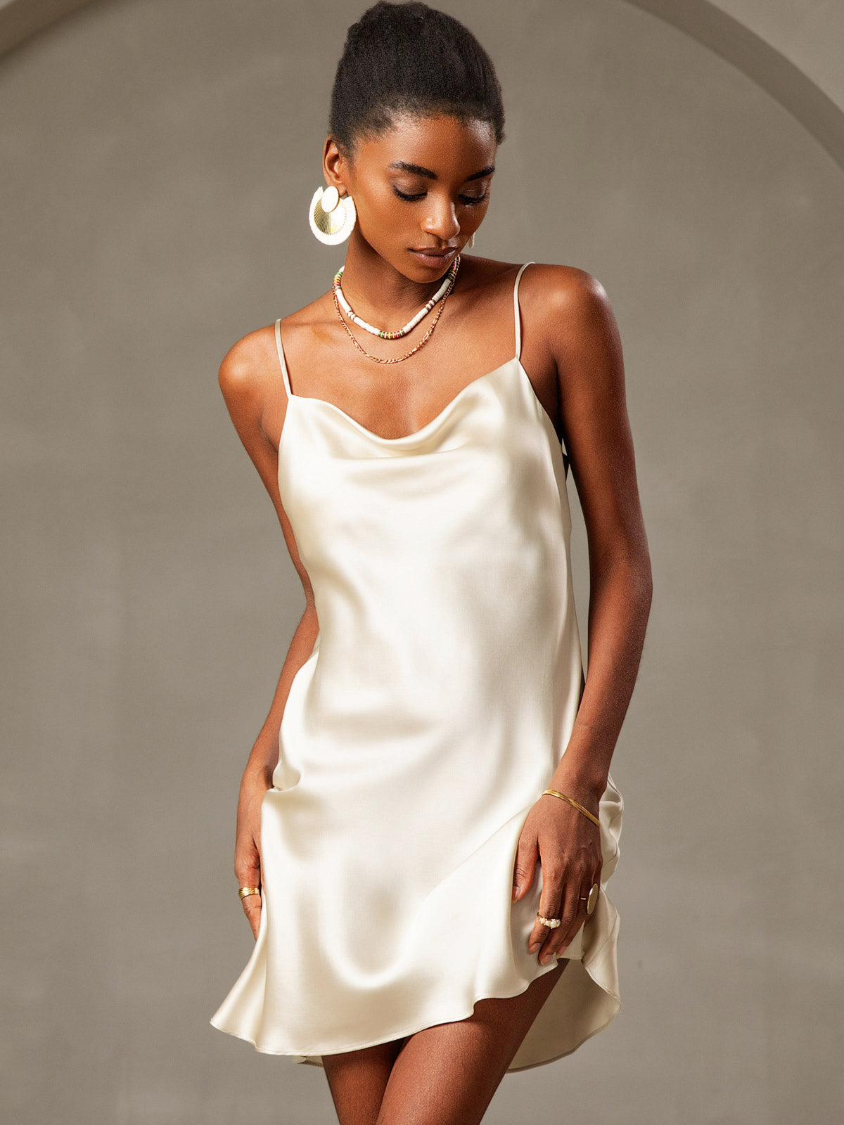 [Light Yellow] SilkSilky-AU Pure Silk Cowl Neck Dress 001