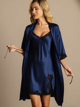 [Dark Blue] SilkSilky-AU Half Sleeve V Neck Nightgown&Dressing Gown Set 006