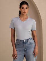 [Grayish Blue] SilkSilky-AU Short Sleeve V Neck Women's T-Shirt 003