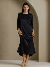 [Black] SilkSilky-AU 3/4 Sleeve Round Neck Dress 004