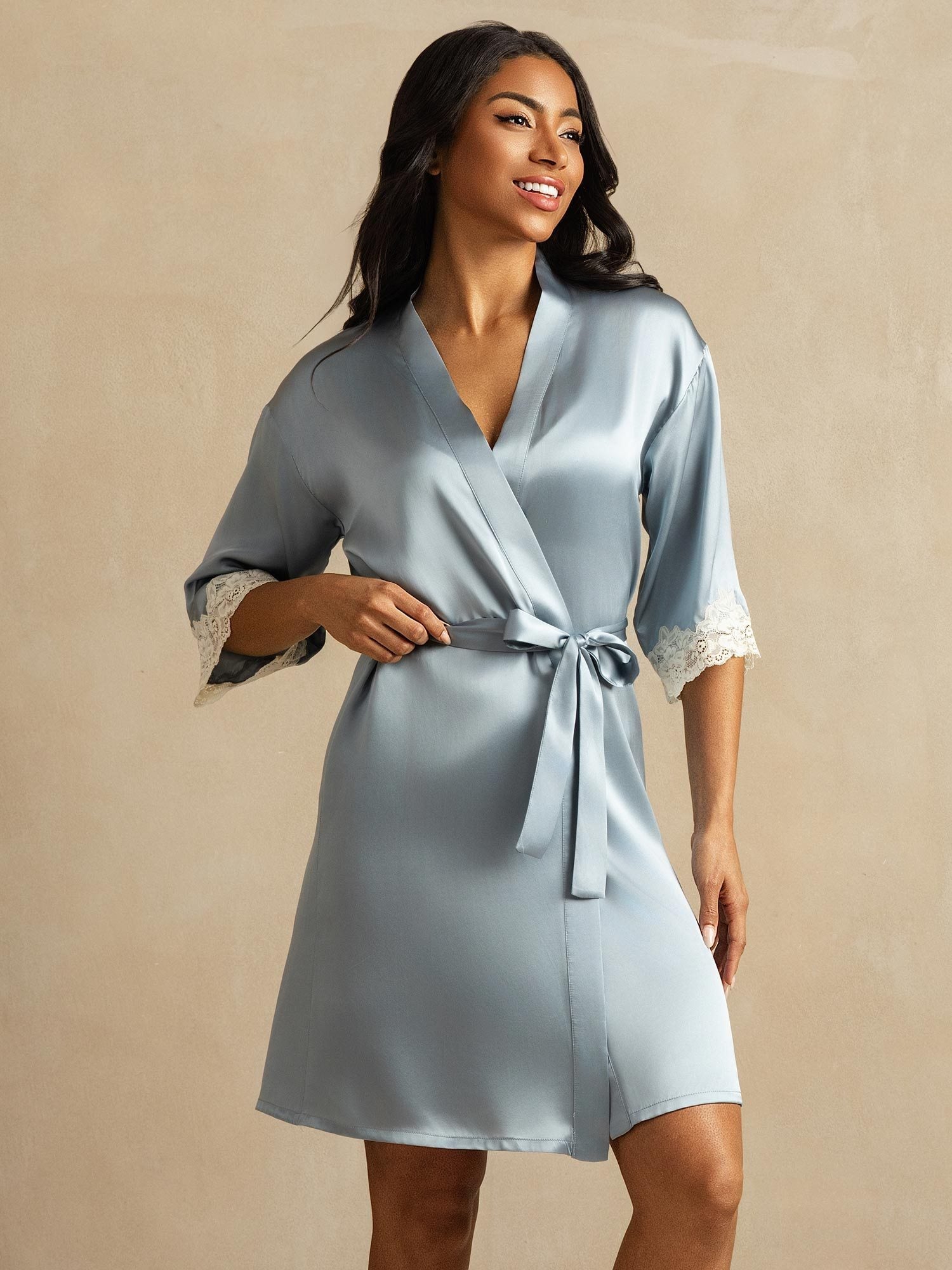 [Grayish Blue] SilkSilky-AU Pure Silk Womens Robe 001