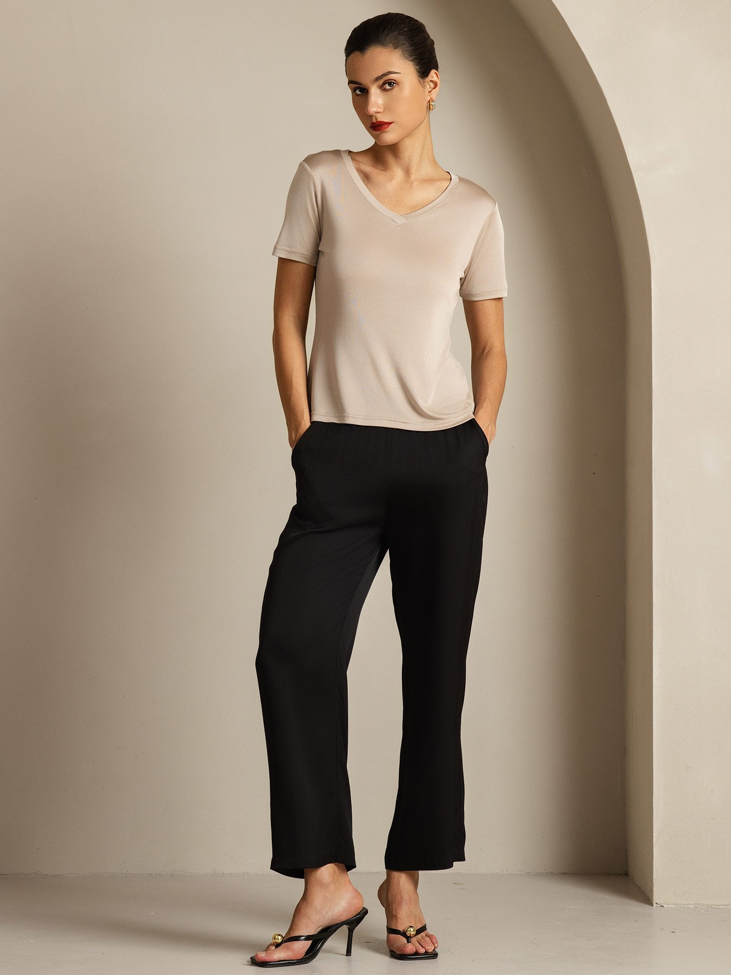 [LightKhaki] SilkSilky-AU Pure Silk V Neck Women's T-Shirt 008