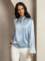 [Grayish Blue] SilkSilky-AU 19Momme Silk Keyhole Neck Women's Shirt 008