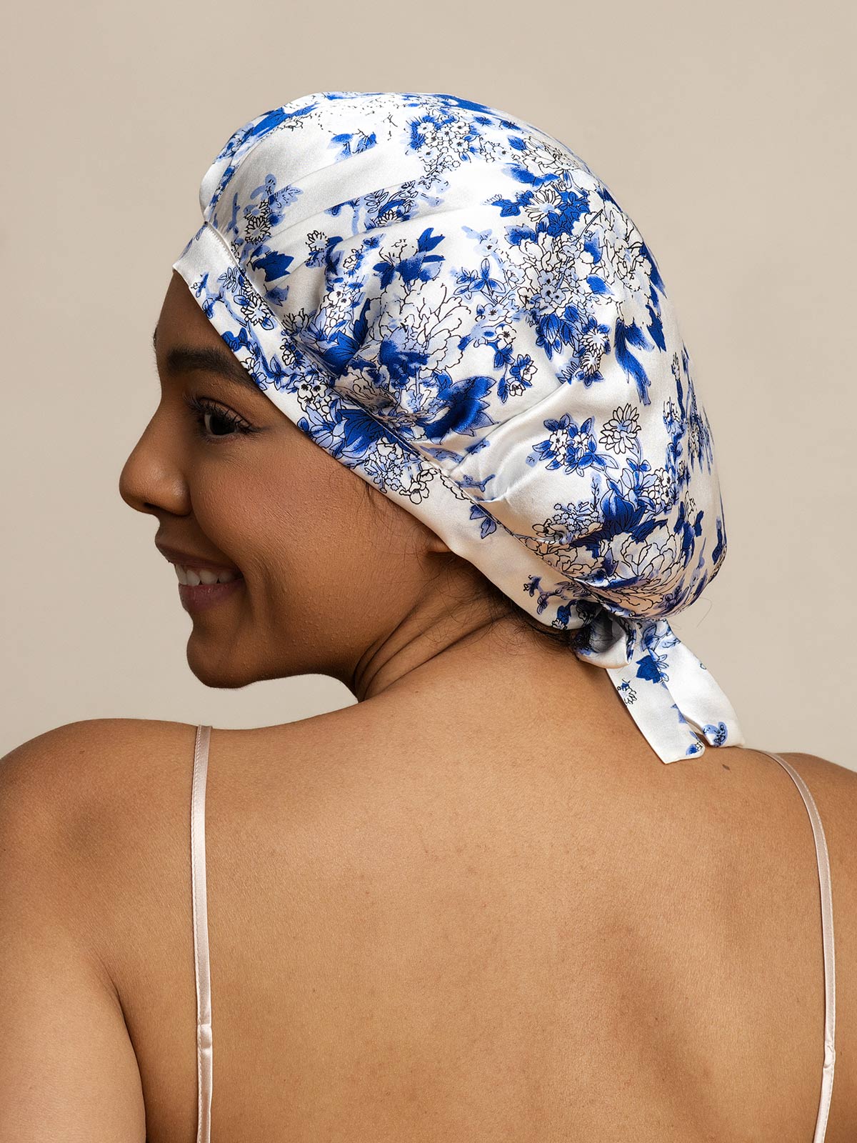 SilkSilky-AU Pure Silk Sleep Cap BlueandWhitePorcelain 004