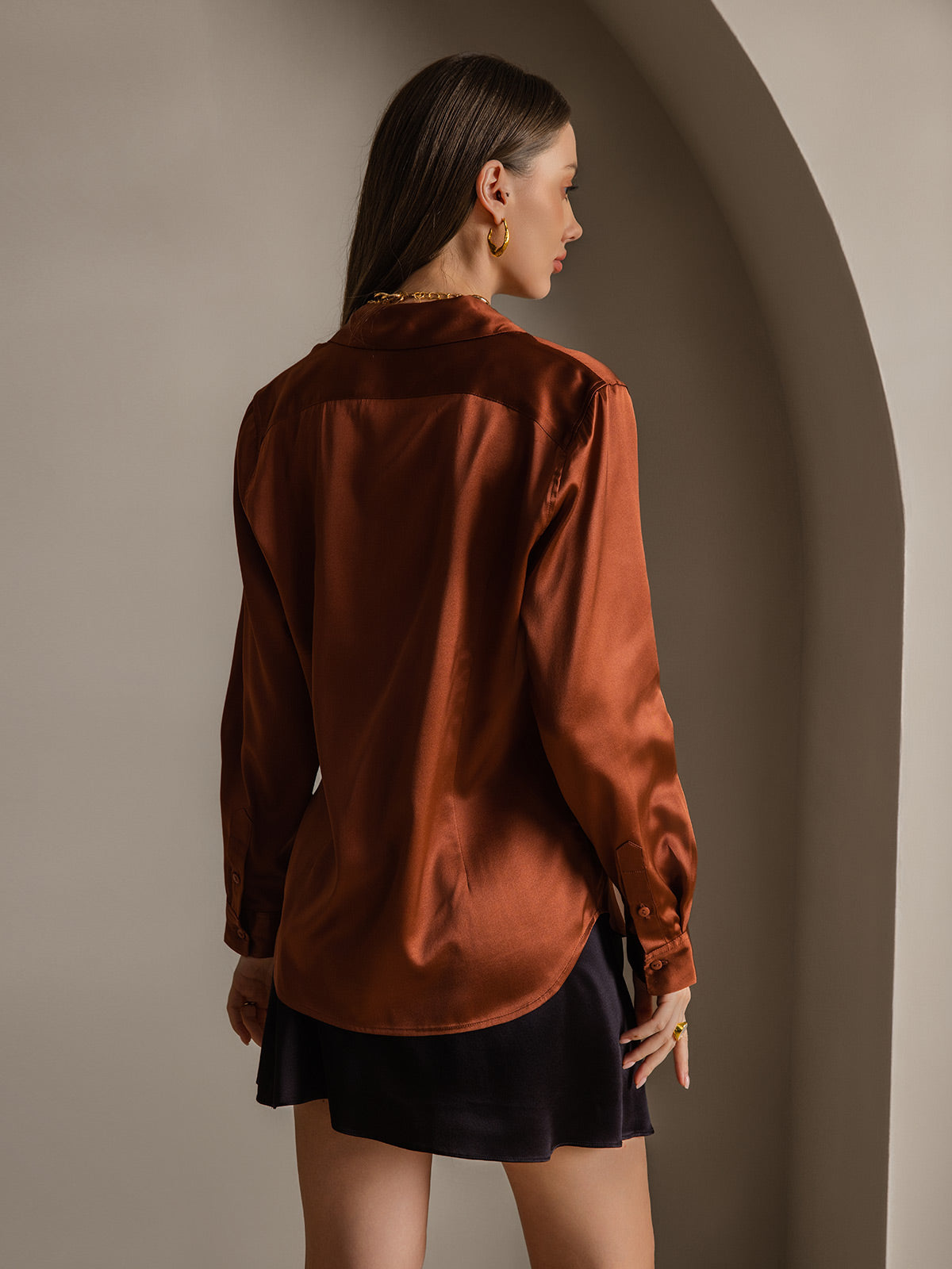 [Caramel] SilkSilky-AU 19Momme Stretch Silk Charmeuse Long Sleeve Lapel Collar Women's Shirt 002