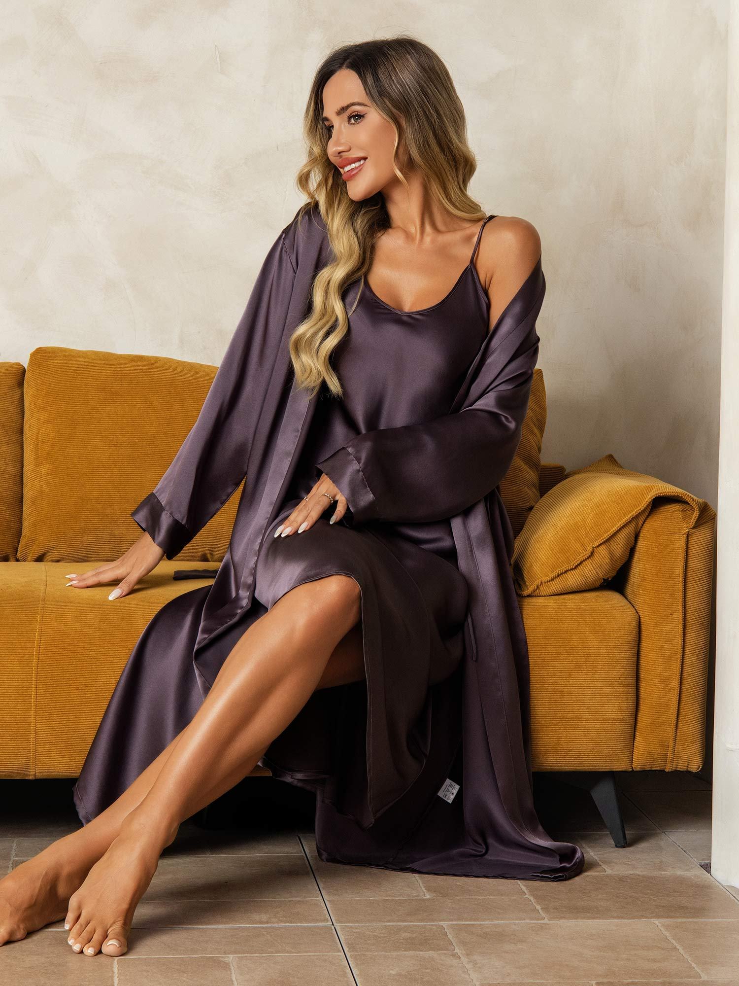 [PurpleGray] SilkSilky-AU Pure Silk V Neck Nightgown&Dressing Gown Set 004