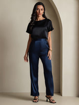 [Black] SilkSilky-AU 19Momme Stretch Silk Charmeuse Short Sleeve Boat Neck Women's T-Shirt 007