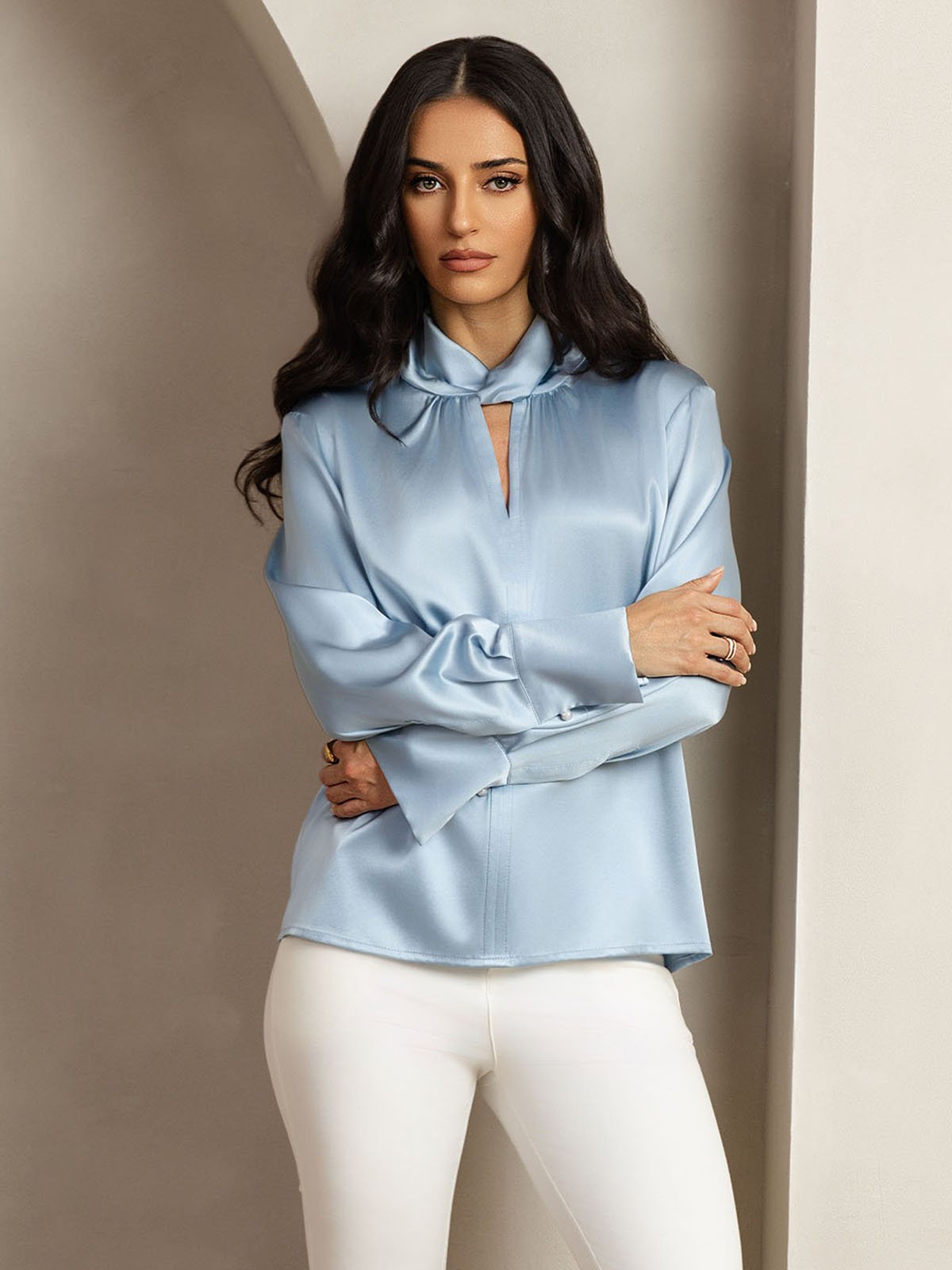 [GrayishBlue] SilkSilky-AU 19Momme Silk Keyhole Neck Women's Shirt 006