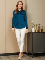 [Teal] SilkSilky-AU Long Sleeve Lapel Collar Women's Shirt 005