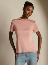 [Pink] SilkSilky-AU 100% Silk Jersey Short Sleeve Mock Neck Women's T-Shirt 008