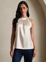 [Beige] SilkSilky-AU Sleeveless Halter Women's T-Shirt 003