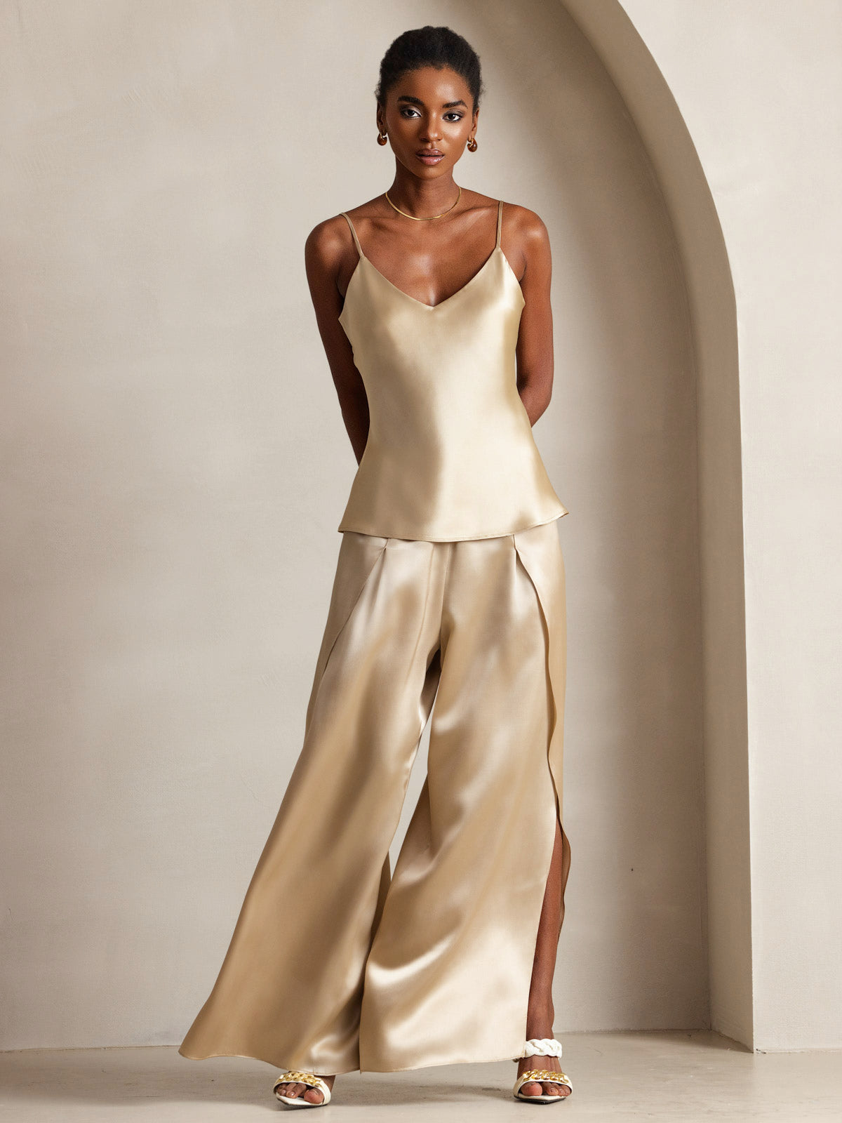 [Champagne] SilkSilky-AU Pure Silk V Neck Camisole 001