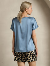 [Grayish Blue] SilkSilky-AU 19Momme Stretch Silk Charmeuse Short Sleeve Boat Neck Women's T-Shirt 002
