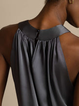 [Dark Gray] SilkSilky-AU 19Momme Stretch Silk Charmeuse Sleeveless Halter Women's T-Shirt 004