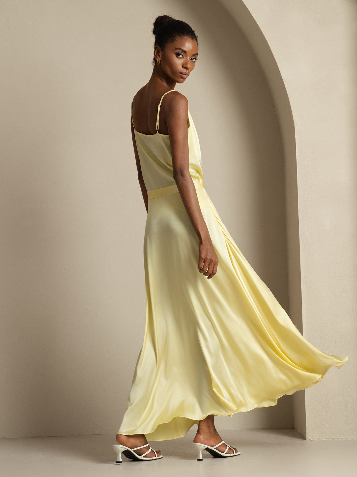 [Light Yellow] SilkSilky-AU 19Momme Silk Knitted Cowl Neck Women''s Outfit Sets 002,