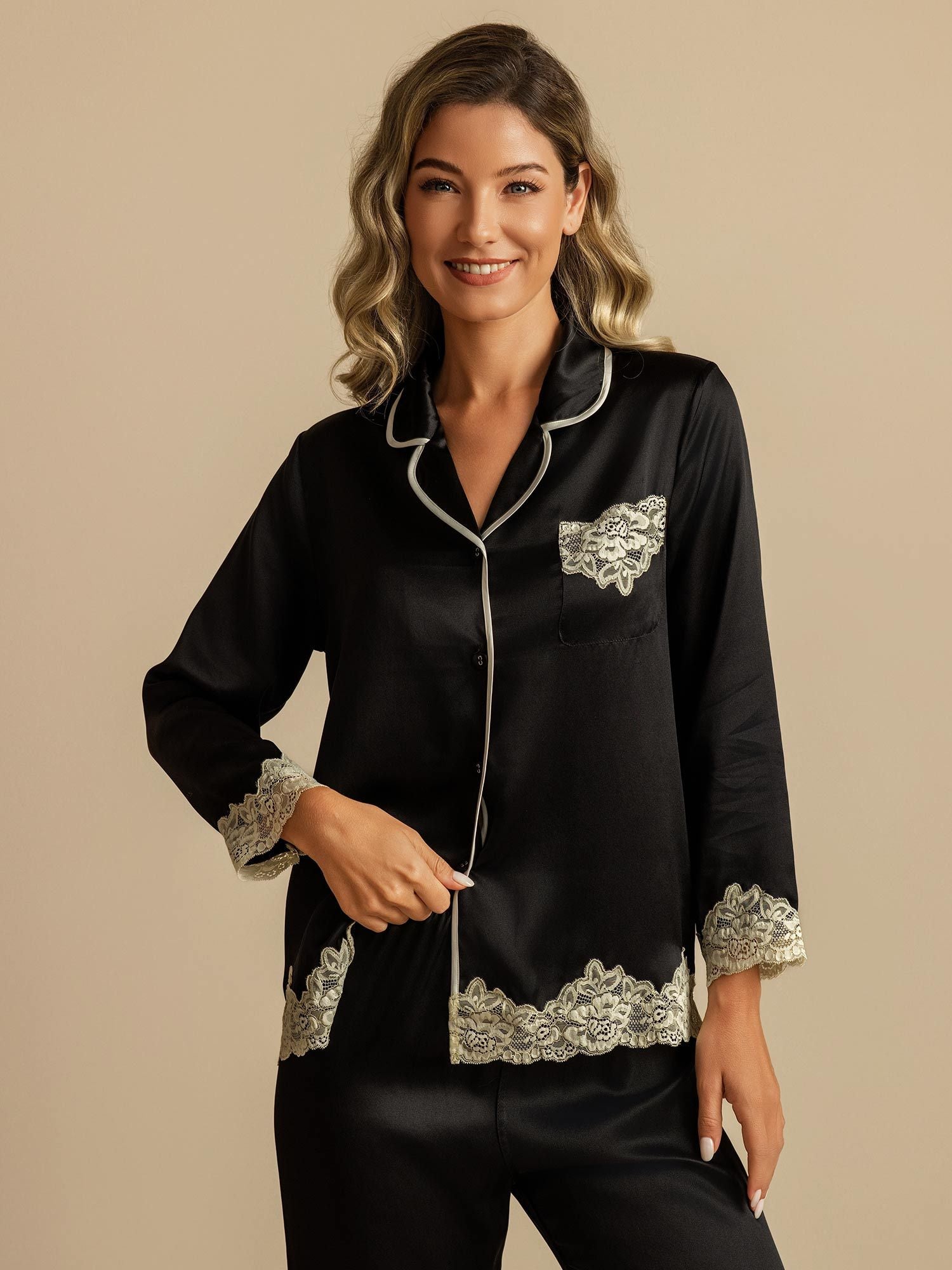 [Black] SilkSilky-AU Pure Silk Womens Pajamas 007