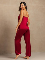 [Wine] SilkSilky-AU 19Momme Machine-Washable Silk Spaghetti Strap Scoop Neck Camisole Set 002