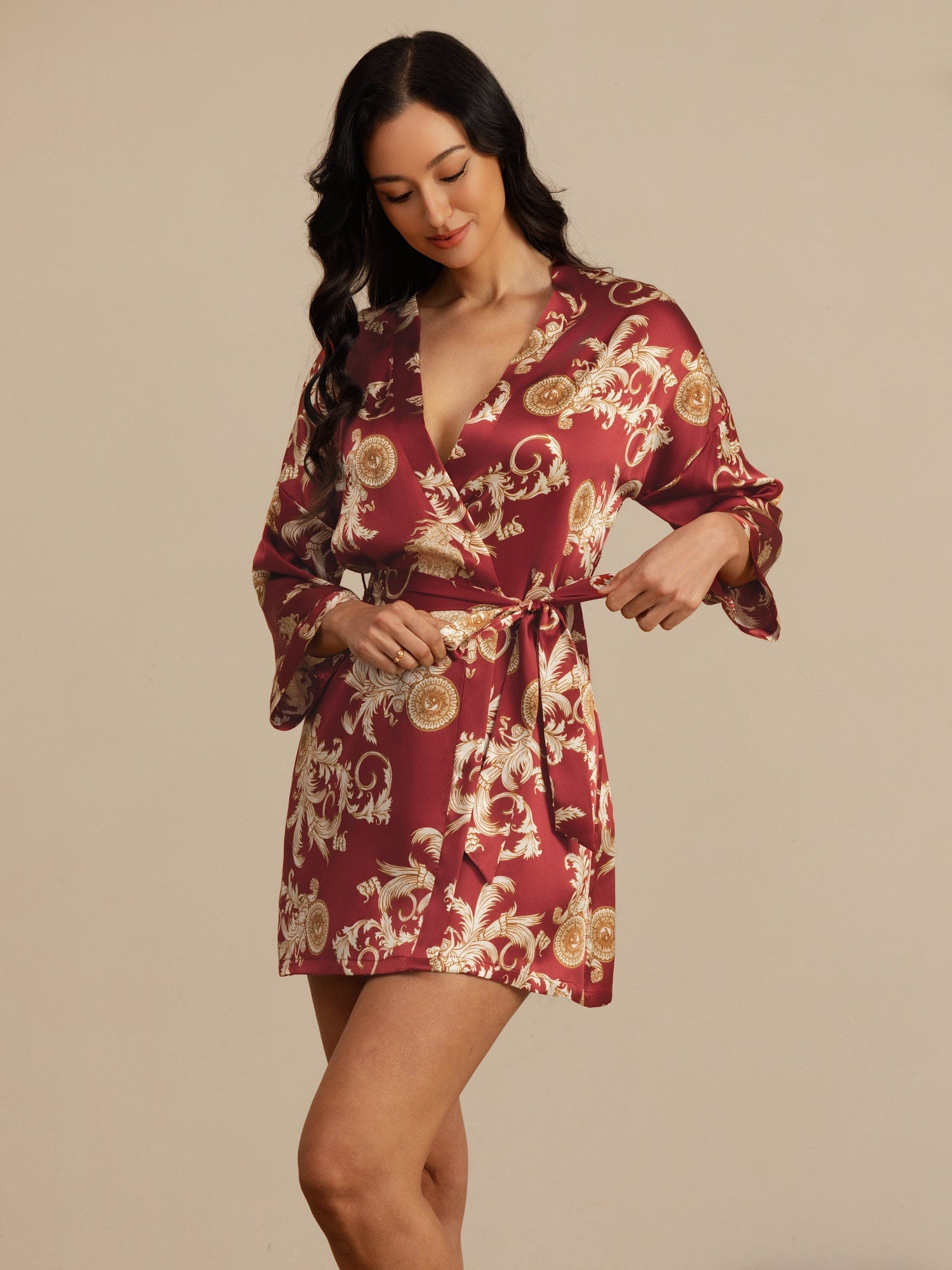 [Wine Dragon] SilkSilky-AU 3/4 Sleeve V Neck Women's Dressing Gown 005