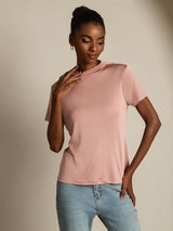 [Pink] SilkSilky-AU 100% Silk Jersey Short Sleeve Mock Neck Women's T-Shirt 005