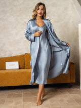 [Grayish Blue] SilkSilky-AU Long Sleeve V Neck Nightgown&Dressing Gown Set 006
