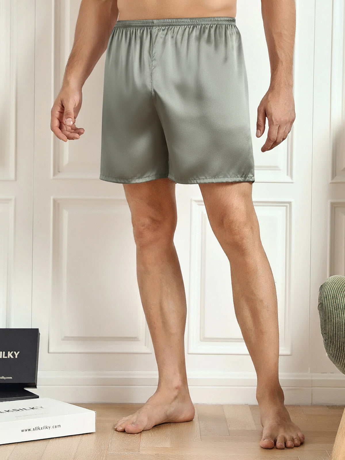 [Grayish Green] SilkSilky-AU Pure Silk Mens Sleep Bottoms 002