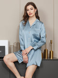 SilkSilky AU Pure Silk Long Sleeve Lapel Nightshirt SteelBlue 003