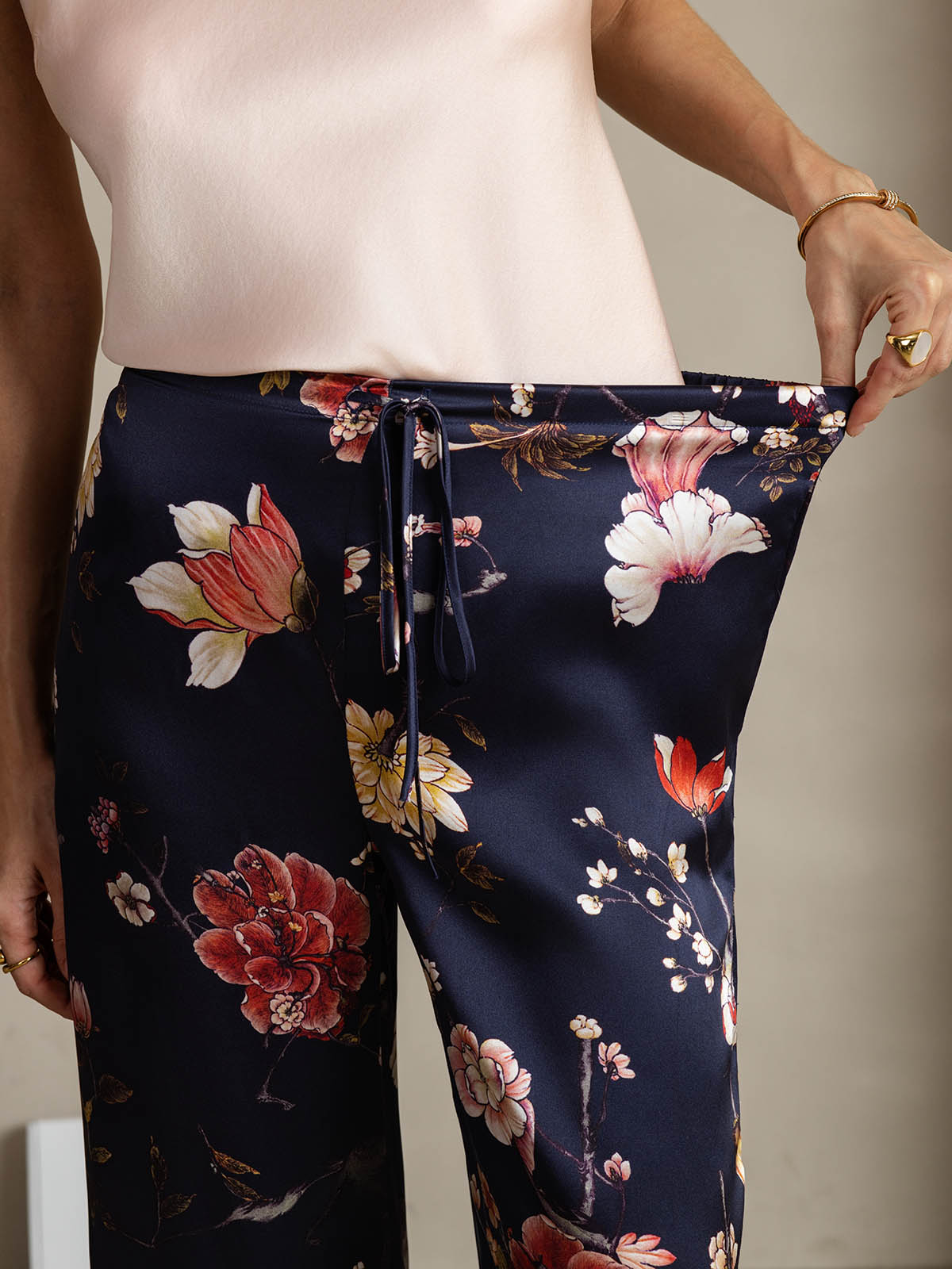 [Navy Floral] SilkSilky-AU 19Momme Silk Womens Pants 004