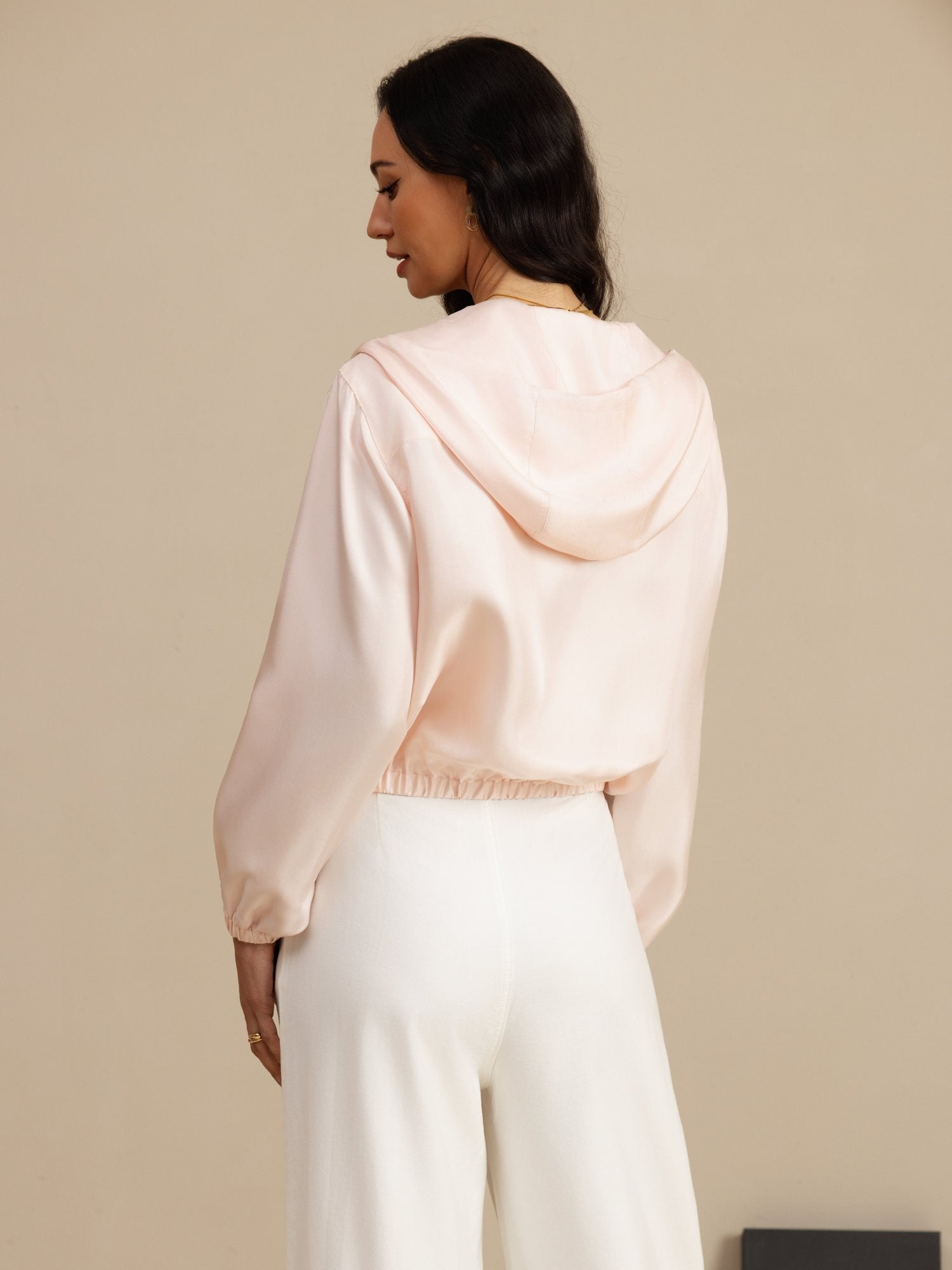 [Pink] SilkSilky-AU 18Momme Silk Satin Surah Long Sleeve Stand Collar Women's Outerwear 002