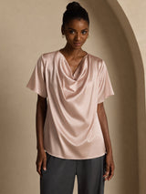[Tuscany] SilkSilky-AU Short Sleeve Cowl Neck Women's Blouse 001