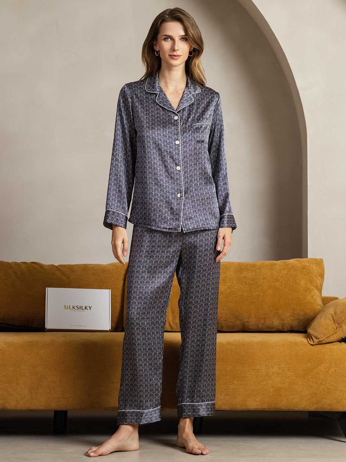 [Navy Ginkgo] SilkSilky-AU Pure Silk Womens Pajamas 001