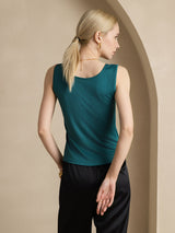 [Dark Green] SilkSilky-AU 100% Silk Jersey Sleeveless Round Neck Women's T-Shirt 002
