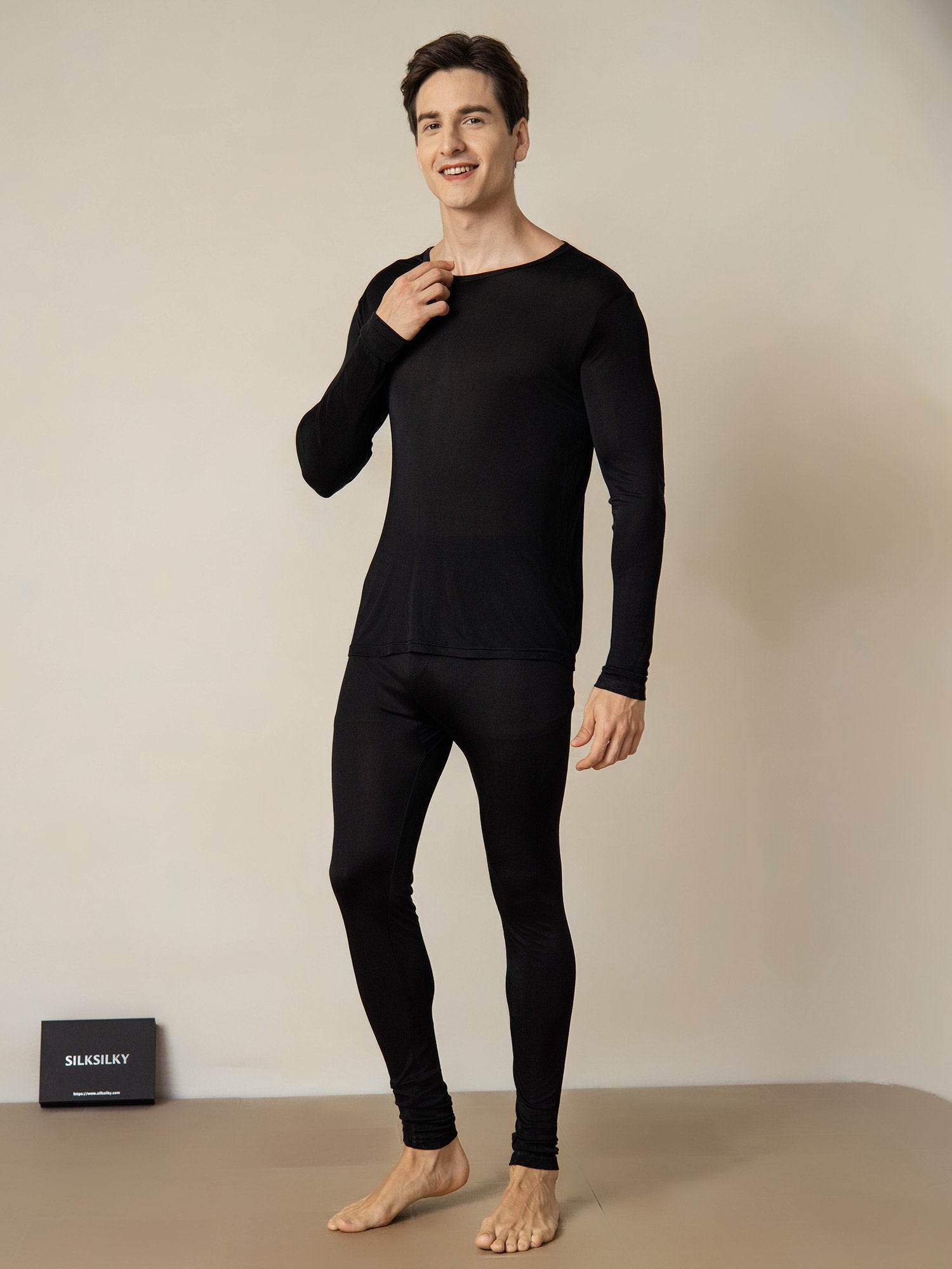 [Black] SilkSilky-AU Silk Knitted Round Neck Men's Pyjamas 001