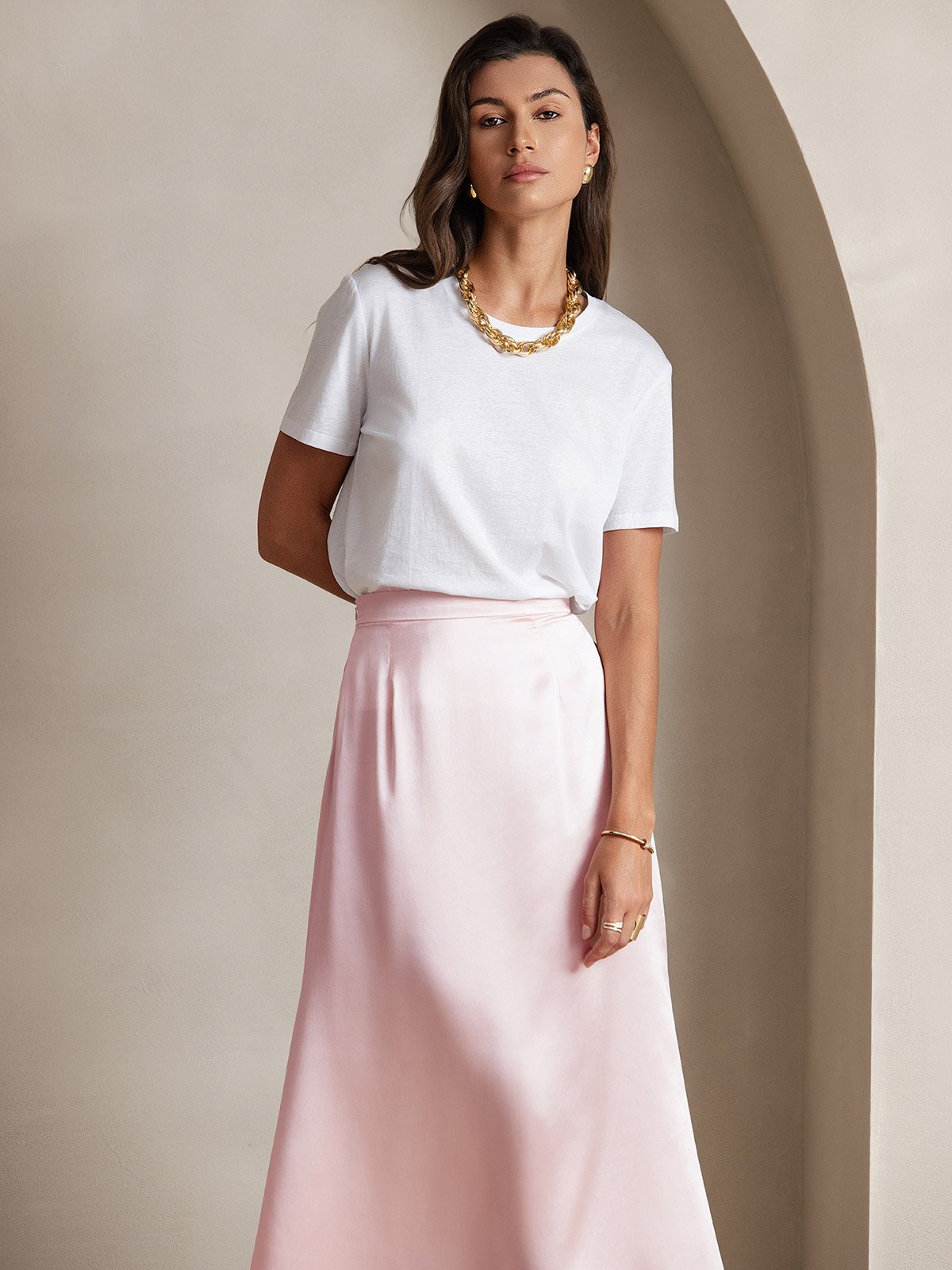 [Pink] SilkSilky-AU 19Momme Stretch Silk Charmeuse Skirt 004