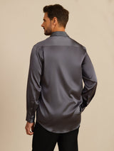 [Dark Gray] SilkSilky-AU 19Momme Stretch Silk Charmeuse Long Sleeve Lapel Collar Men's Shirt 002