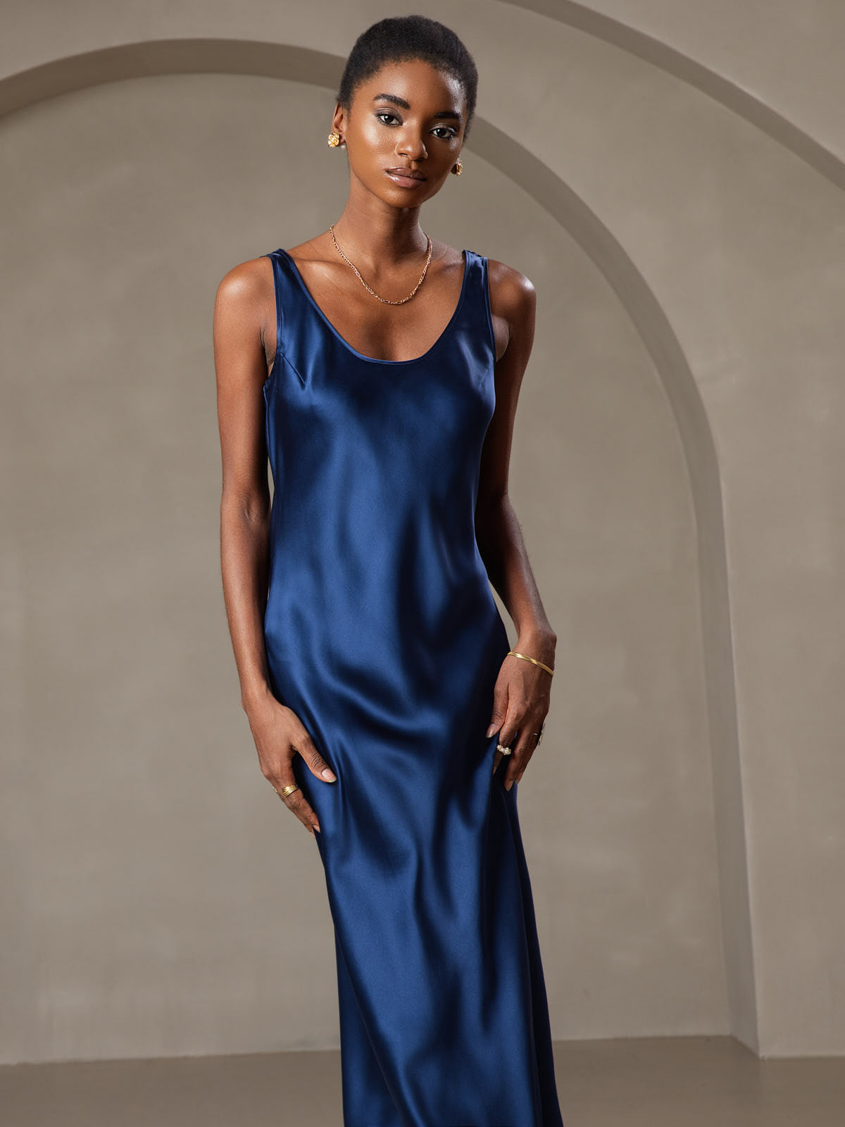 [Dark Blue] SilkSilky-AU Pure Silk Boat Neck Dress 003