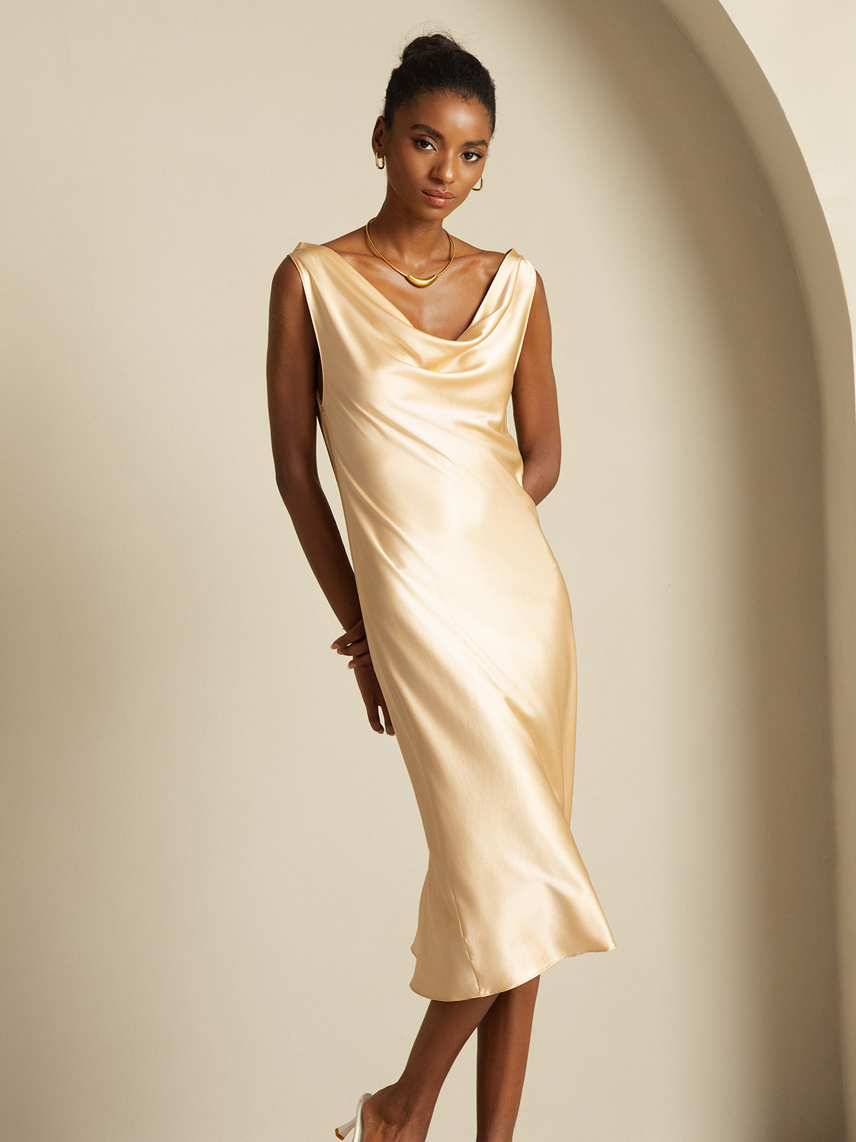[Champagne] SilkSilky-AU 19Momme Silk Cowl Neck Dress 007