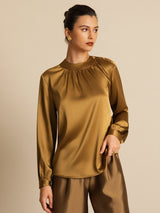 [Bronze] SilkSilky-AU 19Momme Stretch Silk Charmeuse Long Sleeve Round Neck Blouse 001