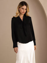 [Black] SilkSilky-AU Long Sleeve Tie Neck Women's Blouse 001